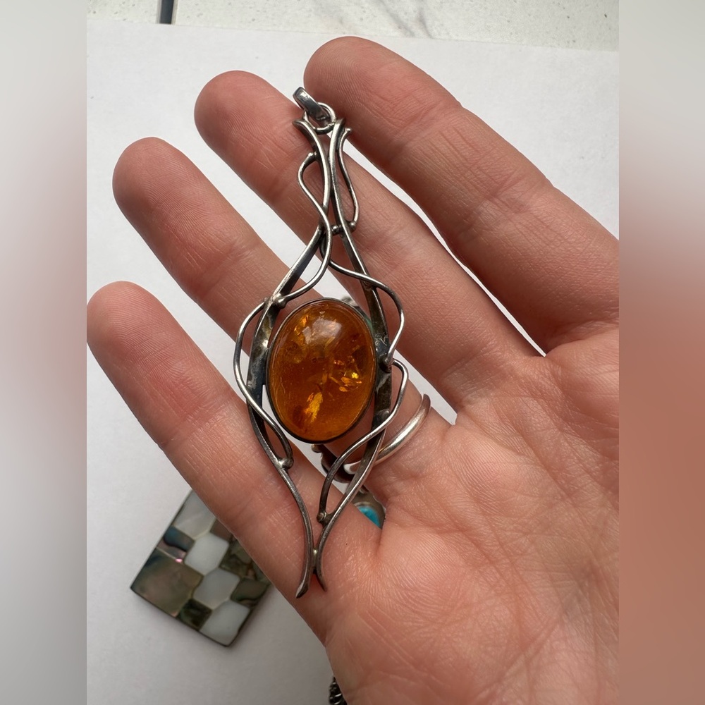 Large Amber and Sterling Pendant